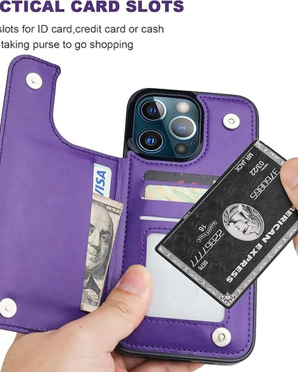 ONETOP Compatible with iPhone 13 Pro Max Wallet Case with Card Holder,PU Leather Kickstand Card Slots Case, Double Magnetic Clasp and Durable Shockproof Cover 6.7 Inch(Purple)