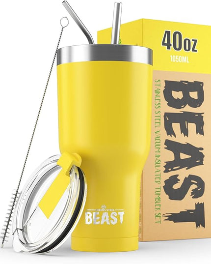 Beast 40 oz Tumbler Stainless Steel Vacuum Insulated Coffee Ice Cup Double Wall Travel Flask (Lemon)