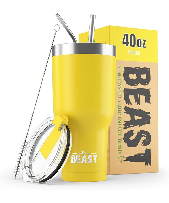 Beast 40 oz Tumbler Stainless Steel Vacuum Insulated Coffee Ice Cup Double Wall Travel Flask (Lemon)