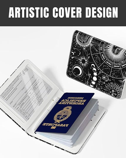 Rimilak Passport Holder, RFID Blocking Passport Cover Wallet Travel Essentials, Leather Travel Air Ticket Documents Organizer Protector for Women and Men, Sun Moon