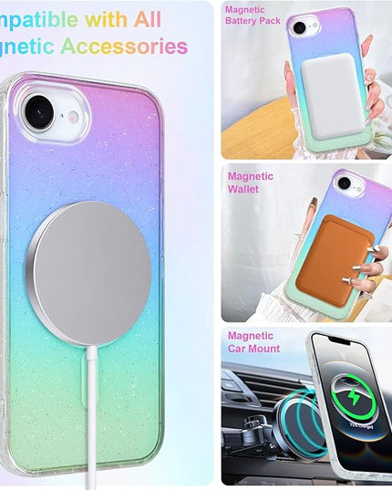 Glitter Case for iPhone 16e Case for Women Girls [ Compatible with Magsafe ] Clear Cute Girly Aesthetic Iridescent Rainbow Sparkly Bling Magnetic Phone Cover, Gradient Blue & Pink