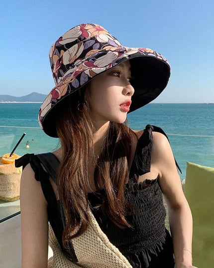 HUAMULAN Women Summer Sun Hat Wide Brim Wired Edge Floral Beach Bucket Hats Reversible Foldable Travel UV Protection Lady Hat