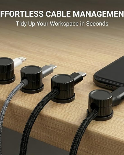 Magnetic Cable Organizer 8-Pack Glossy Black - Rotating Magnetic Clip Cord Keeper for Desk, Nightstand & Car - Adhesive Management System for USB & Power Wires