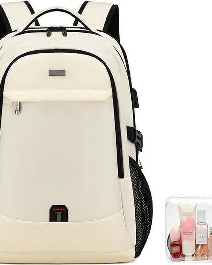 DUSLANG 17 Inch Laptop Backpack for Travel Water Resistant College Backpack for Women Laptop Bag with USB Charging Port and Clear Toiletry Bag Work Backpack,Beige A