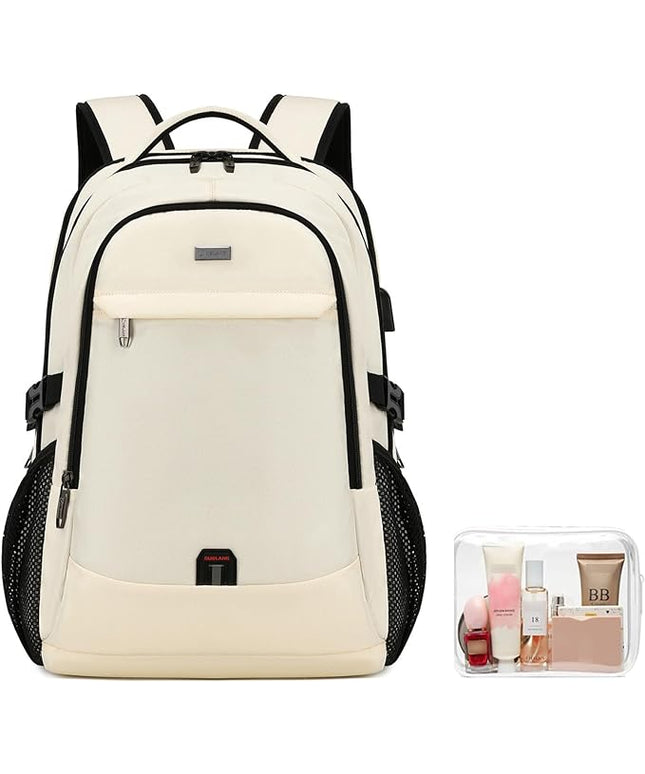DUSLANG 17 Inch Laptop Backpack for Travel Water Resistant College Backpack for Women Laptop Bag with USB Charging Port and Clear Toiletry Bag Work Backpack,Beige A