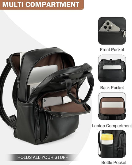 MASINTOR Leather Laptop Backpack for Women, Stylish Computer Backpack College Business Work Shoulder Bags Work and Travel Black