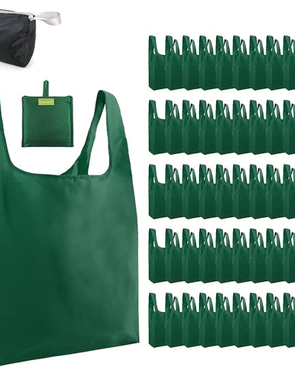 BeeGreen Christmas Green Reusable Grocery Bags Dark Green Reusable Kitchen Bags Bulk Foldable-Machine Washable with Zipper Storage Pouch 50 Packs
