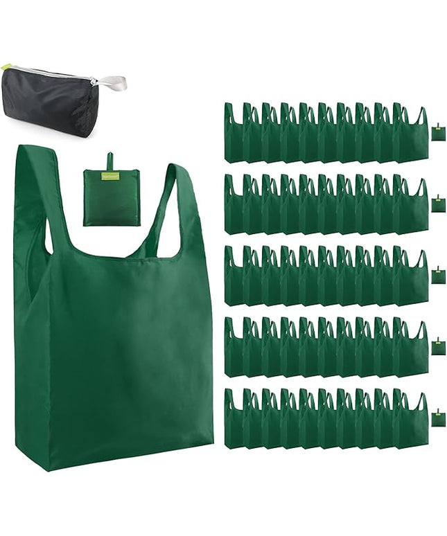 BeeGreen Christmas Green Reusable Grocery Bags Dark Green Reusable Kitchen Bags Bulk Foldable-Machine Washable with Zipper Storage Pouch 50 Packs