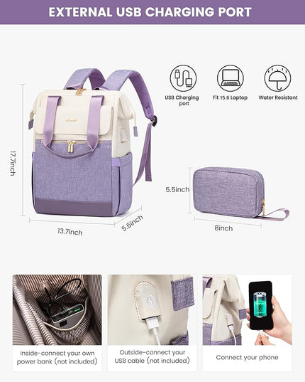 LOVEVOOK Laptop Backpack for Women, 15.6 Inch Work Laptop Bag with USB Port, Fashion Teacher Nurse Backpack Purse, Waterproof Travel Computer Backpack with Organizer Bag, 2PCS, Beige-Light Purple