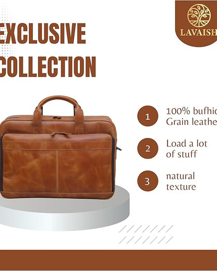 Handmade Full-Grain Leather Briefcase for Men & Women–17" Laptop Bag with Computer Compartment Office Satchel Bag