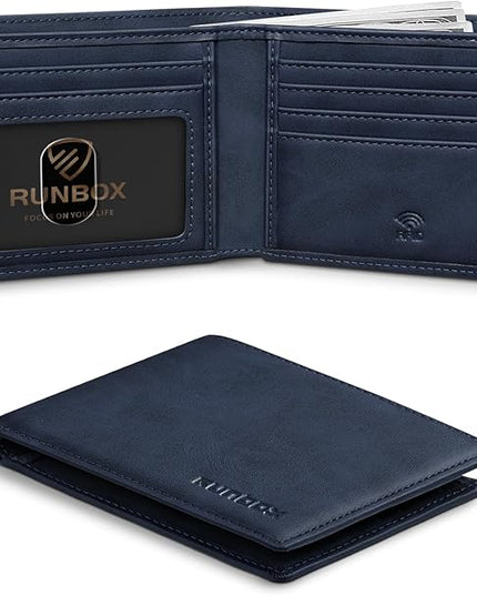 RUNBOX Wallet for Men Slim Leather Bifold RFID Blocking Minimalist Front Pocket Design with Gift Box