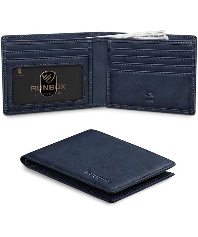 RUNBOX Wallet for Men Slim Leather Bifold RFID Blocking Minimalist Front Pocket Design with Gift Box