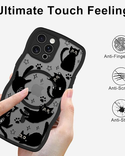 Cute Case for iPhone 12 Pro Max Case [Compatible with MagSafe] with Kawaii Black Cats Cat Print Pattern Design for Women Girls, Soft Wavy Edge Anti-Slip Animal Magnetic Protective Phone Cover