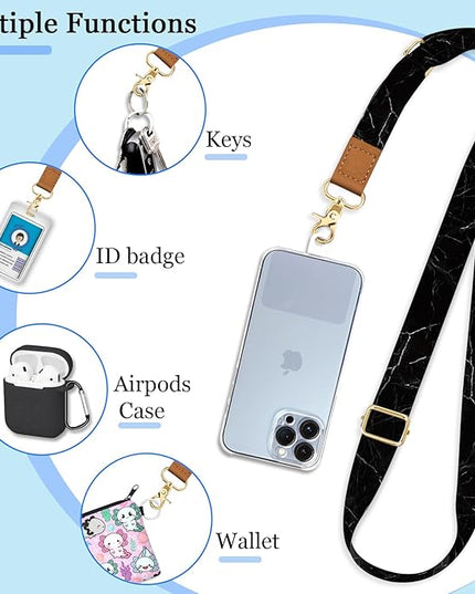 Phone Lanyard Crossbody Wrist Strap, Black Marble Adjustable Cell Phone Lanyard Wristlet Strap with 2 Tether Tabs for Women ID Badges Accessories