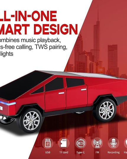 Futuristic Shapes Truck Bluetooth Speaker with LED Display Screen – TWS Stereo, FM Radio, USB/TF Playback, LED Headlights, Built-in Mic, Gift for Car Lovers, Model Collectors & Tech Fans (Red)
