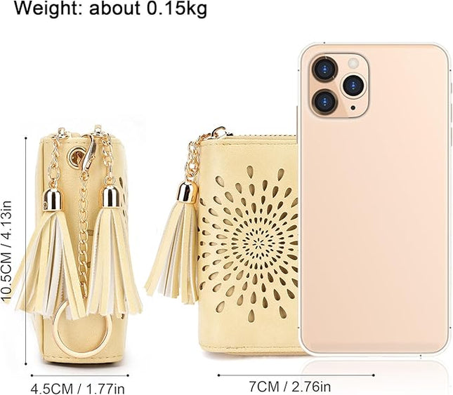 APHISON RFID Credit Card Holder Zipper Card Case Keychain Small Wallet for Women Double-Zip LIGHT-YELLOW