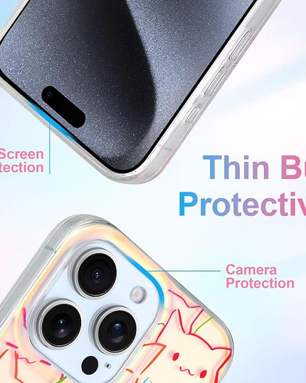 Cute Case for iPhone 15 Pro Max Case for Women Girls Boys [ Compatible with Magsafe ] Iridescent and Black Cats Cat Pattern Design, Kawaii Colorful Animal Soft Bumper Protective Phone Cover