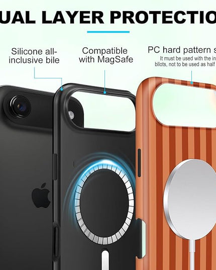 Magnetic for iPhone 17 Air Case Cute Stripes Phone Case, Shockproof Slim TPU and Hard PC Protective Phone Cover Compatible with MagSafe Designed for Women Girls, Deep Brown