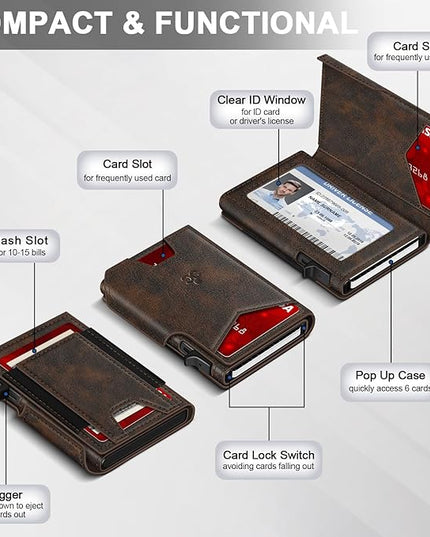 Wallet for Men Wallet with Slim Pop Up Card Holder 9-13 Cards, Bifold Minimalist Smart Wallet RFID Blocking Credit Card Holder with ID Window & Stretchable Cash Slot Compact Metal Aluminum Card Case