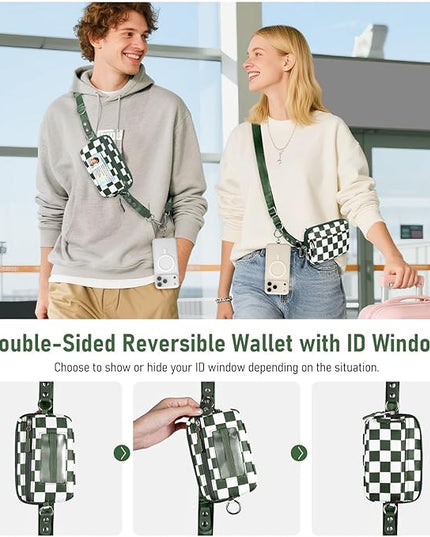 Clip and Go Strap for Phone with Wallet Crossbody Phone Lanyard and Detachable Checkered Bag with ID Window and RFID Pouch for Daily Travel.