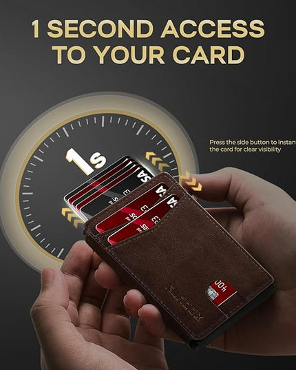 RUNBOX Slim Card Wallet for Men with ID Window – Minimalist RFID Wallet, Pop-Up Function, Ultra Thin Design, Metal Business Card Case Holds 8+ Cards, Gifts for Men, Men's Accessories