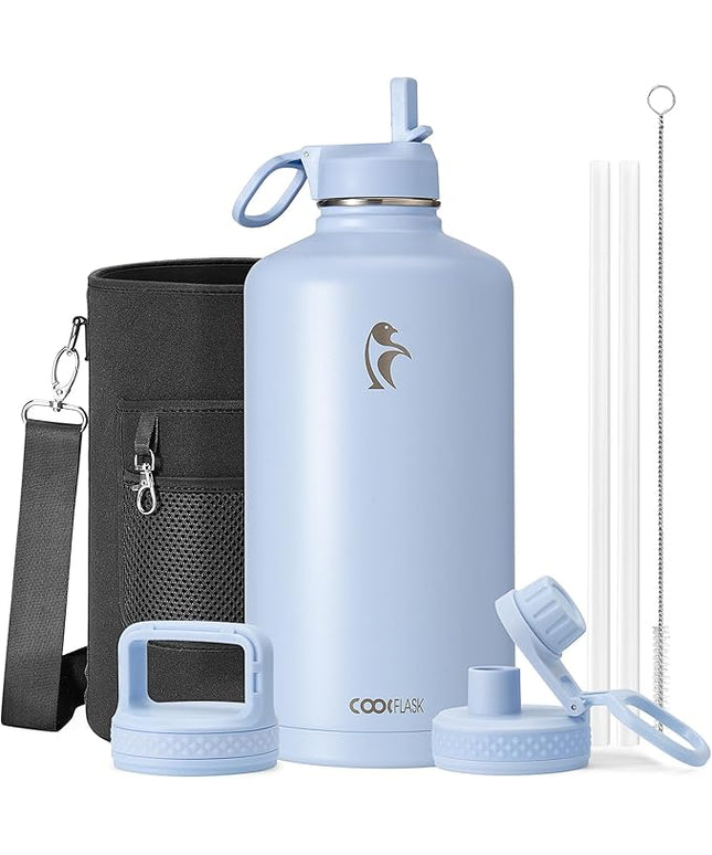 Coolflask 128 oz Gallon Water Bottle Insulated with Straw&3 Lids, Water Jug Large Stainless Steel Metal Vacuum Wide Mouth for Sports, Gym or Office, Non-BPA Keep Cold 48H Hot 24H, Light Blue