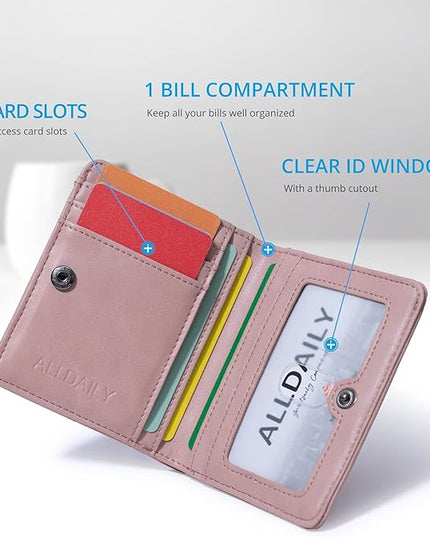 Alldaily Small RFID Wallet for Women Slim Compact Bifold Pocket Ladies Travel Mini Purse (Dark Pink)