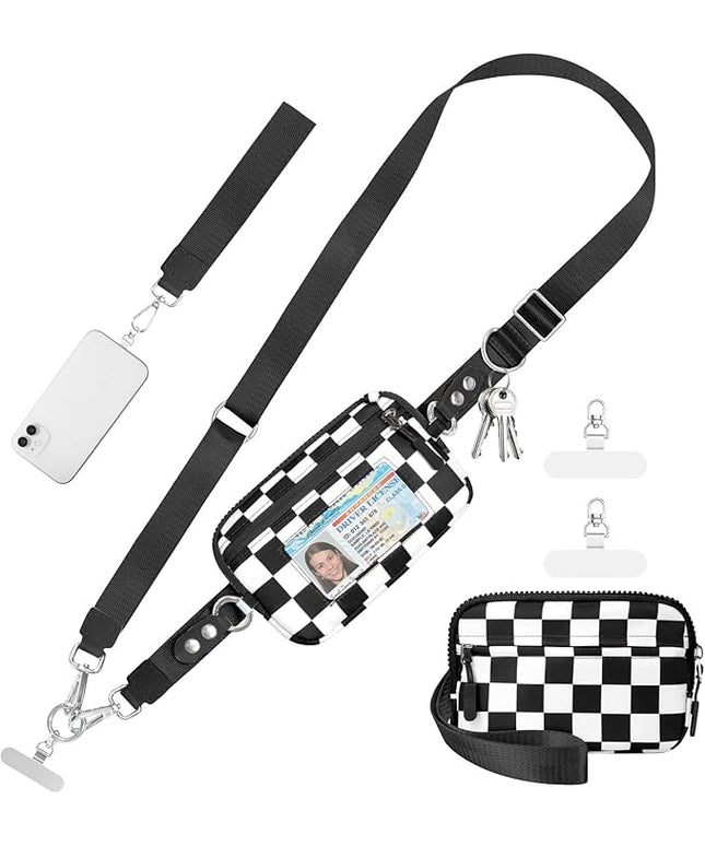 Clip and Go Strap for Phone with Wallet Crossbody Phone Lanyard and Detachable Checkered Bag with ID Window and RFID Pouch for Daily Travel.