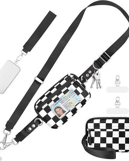 Clip and Go Strap for Phone with Wallet Crossbody Phone Lanyard and Detachable Checkered Bag with ID Window and RFID Pouch for Daily Travel.