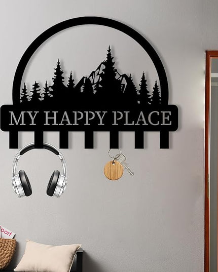 Personalized Metal Key Holder for Wall, Metal Wall Mount Custom Name Hooks, My Happy Place Wall Decoration Key Hook, Key Rack for Kitchen, Key Organizer for Living Room, Hallway Key Holder, Home Gift