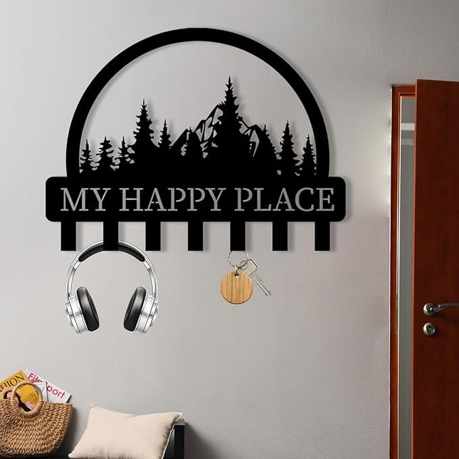 Personalized Metal Key Holder for Wall, Metal Wall Mount Custom Name Hooks, My Happy Place Wall Decoration Key Hook, Key Rack for Kitchen, Key Organizer for Living Room, Hallway Key Holder, Home Gift