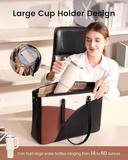 LOVEVOOK Laptop Bag for Women,17.3Inch Work Teacher Bags Leather Tote Bag Briefcase Waterproof Computer Bag for Women，Black-White-Brown