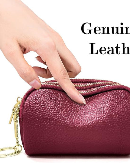 LINNO 3 Zippered Genuine Leather Coin Purse Triple Capacity Change Pouch Little Travel Wallet With Key Ring for Women