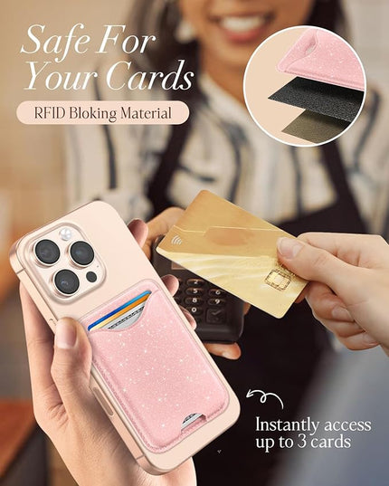 Shorogyt Phone Wallets Compatible with Magsafe Wallet Glitter - Magnetic Card Holder Light Pk for Women Teen Girls for iPhone 17/16/15/14/13/12 Series Slim for Apple Mag RFID Magnet, Fit 3 Cards