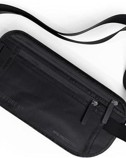 VENTURE 4TH Money Belt for Travel – Hidden Under-Clothes RFID Blocking Passport Holder & Slim Travel Wallet Pouch for Men & Women to Protect Cash, Cards & Documents (Sleek Black)