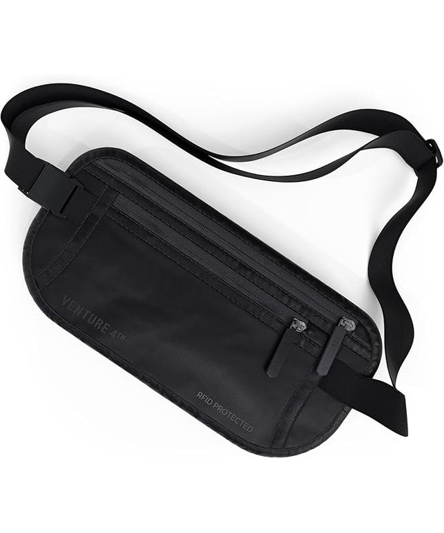 VENTURE 4TH Money Belt for Travel – Hidden Under-Clothes RFID Blocking Passport Holder & Slim Travel Wallet Pouch for Men & Women to Protect Cash, Cards & Documents (Sleek Black)