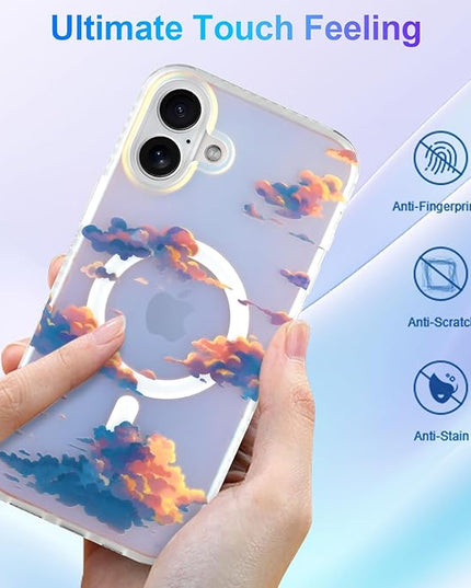 Cute Case for iPhone 16 Plus Case for Women Girls [ Compatible with Magsafe ] Aesthetic Cloud Pattern Design, Girly Glitter Sparkly Bling Protective Phone Cover, Iridescent Sun Set Sky