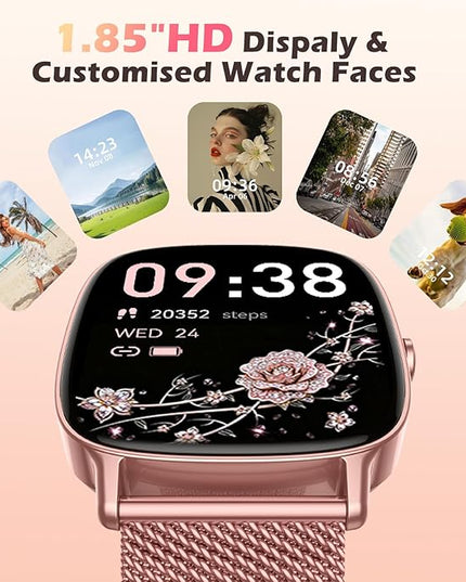 Smart Watch for Women, Answer/Make Call,1.85'' Ultra-Clear Screen Fitness Tracker with Heart Rate/Sleep/SpO2 Monitor,Smartwatch for iPhone/Samsung/Android,120+ Sport Modes,IP68 Waterproof with 2 Bands