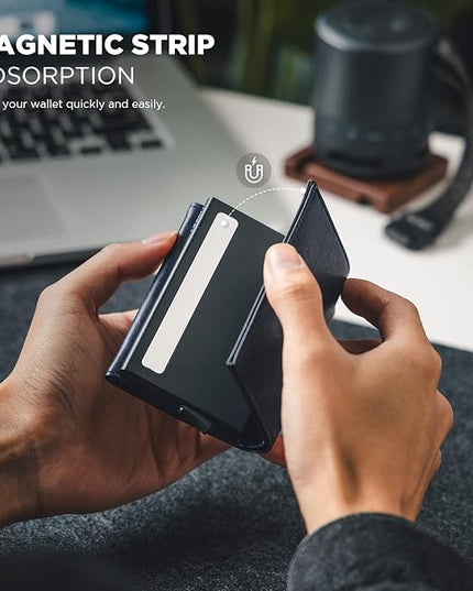 VULKIT Pop up Card Wallet Minimalist Cash Wallets RFID Blocking Leather Smart Credit Card Holder with ID window for Men(Navy)
