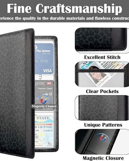 Car Registration and Insurance Holder with Magnetic Closure, Universal Document Organizer for License, Insurance Cards & Glove Box Storage (Leopard-Black)