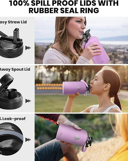 One Gallon Water Bottle Insulated, Triple Walled Vacuum Stainless Steel (Cold for 48 Hrs), Leak Proof & Non-BPA, Large Water Flask Jug with Paracord Handle & Straw Spout Lids