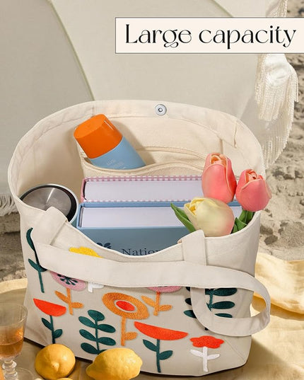 Embroidery Canvas Tote Bag for Women - Reusable Totes with Pocket & Buckle Aesthetic Cute Grocery Shoulder Bag