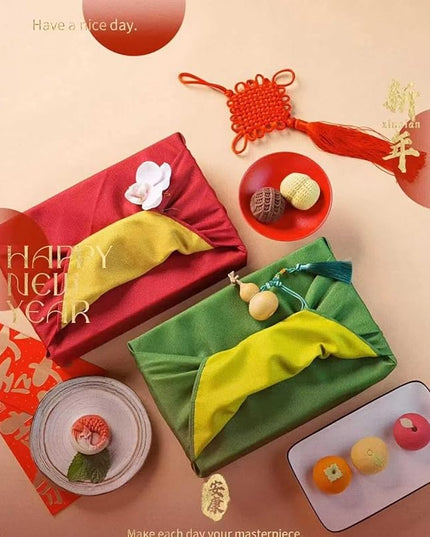 Furoshiki Japanese Wrapping Cloth Eco Gift Wrap Paper Reversible Eco-bag for Christmas birthday Gift Bento Lunch Cake Wine Bottle Box Kimono Cover (Forest Green and Light Yellow, 27.6 x 27.6 inches)