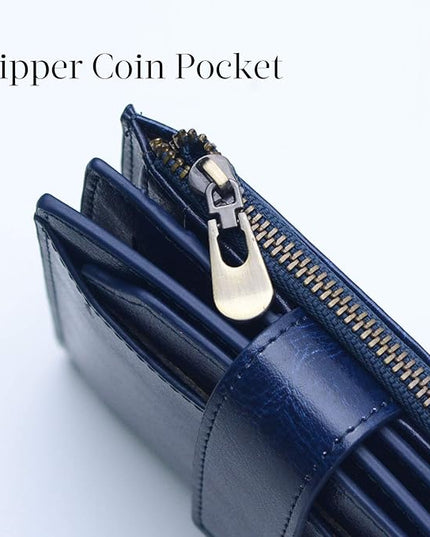 Bveyzi Women's Small Leather RFID Blocking Bifold Zipper Pocket Wallet Ladies Credit Card Slots Purse with id Window