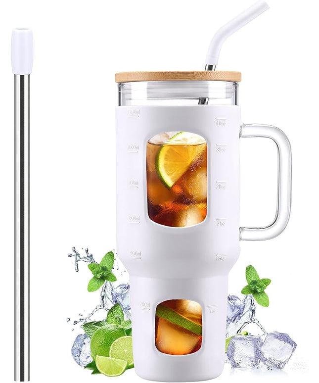 Glass Tumbler with Straw and Lid, 40 oz glass cup with handle, Glass Water Bottles with Time Marker, Silicone Protective Sleeve-White