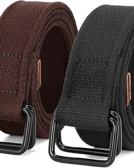 JASGOOD Men Canvas Fabric Belts Casual Web Cloth Belts with Black Double Ring Buckle 2 Pack
