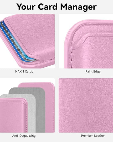 Magnetic Wallet Cell Phone Card Holder for Phone Case with Mag-Safe, Stronger Magnetic RFID Leather Phone Wallet Stick on Series of iPhone 17/16/15/14/13/12 and Pro/Promax, Pink