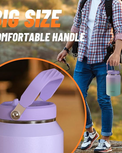 Half Gallon Insulated Water Bottle with Flip Straw, Vacuum Insulated Stainless Steel Jug with Top Handle, Leak-Proof Lid, Sweat-Free, Wide Mouth, Keeps Ice Cold up to 34 Hours