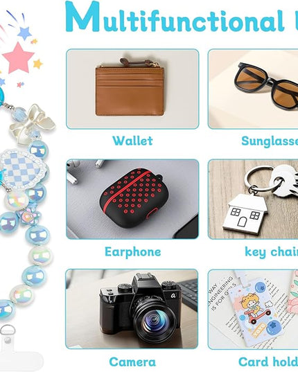 2 Pcs Phone Charm Wrist Strap with Tether Tab, Double Anti Lost Cute Beaded Wrist Lanyard, Detachable Transparent Phone Charms for Bag, Key Chains, Camera Decor