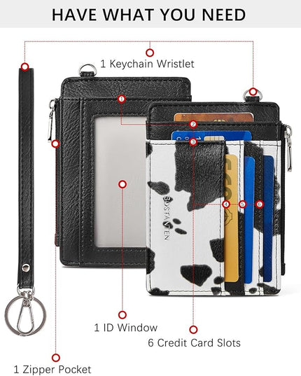 BOSTANTEN Small Wallet For Women RFID Leather Credit Card Holder Slim Wristlet Keychain Wallet With Zipper Pocket White Cow Print
